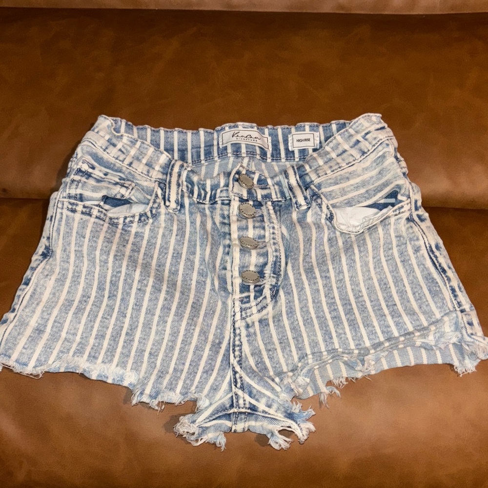KanCan Blue and White Striped Distressed Jean Shorts
